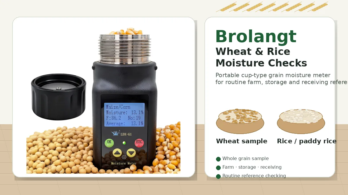 Brolangt grain moisture meter with wheat and rice samples for farm and storage checks