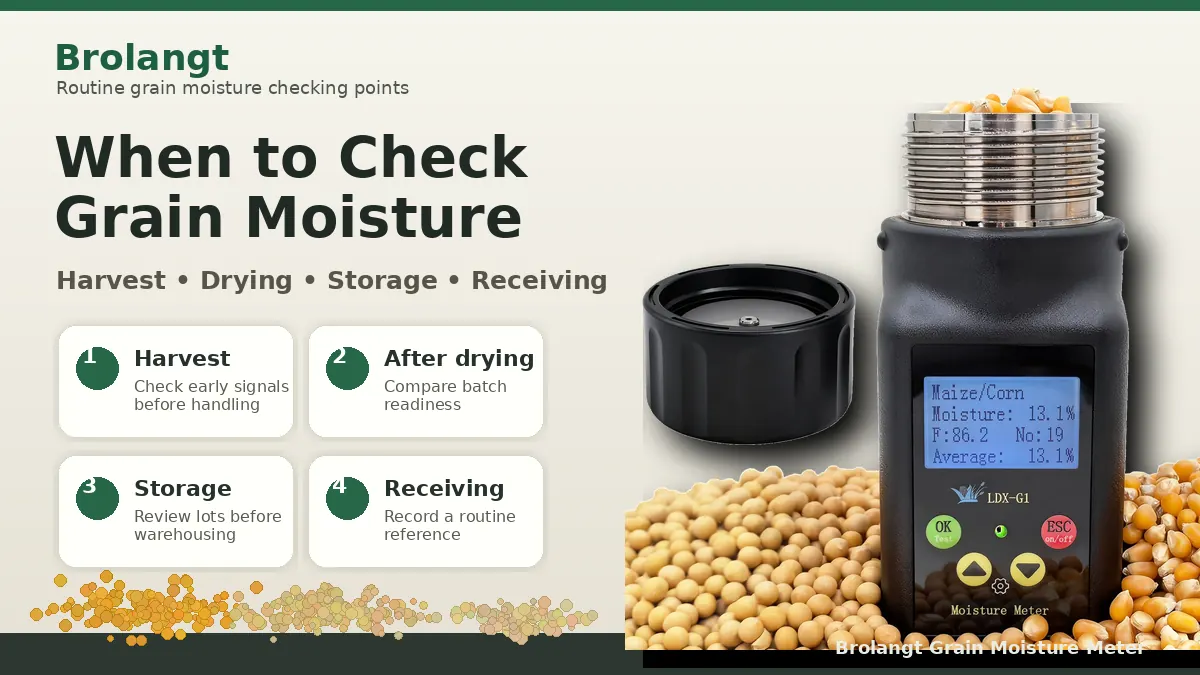 Brolangt grain moisture meter beside a harvest, drying, storage and receiving checklist