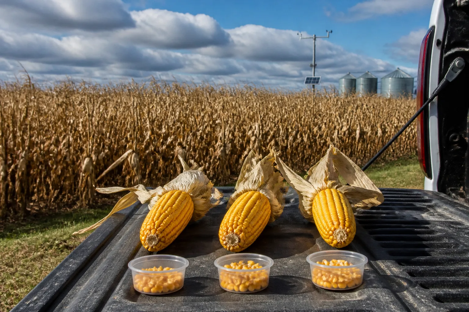 Mature corn ears in a field with shelled kernels being checked for short-term moisture change