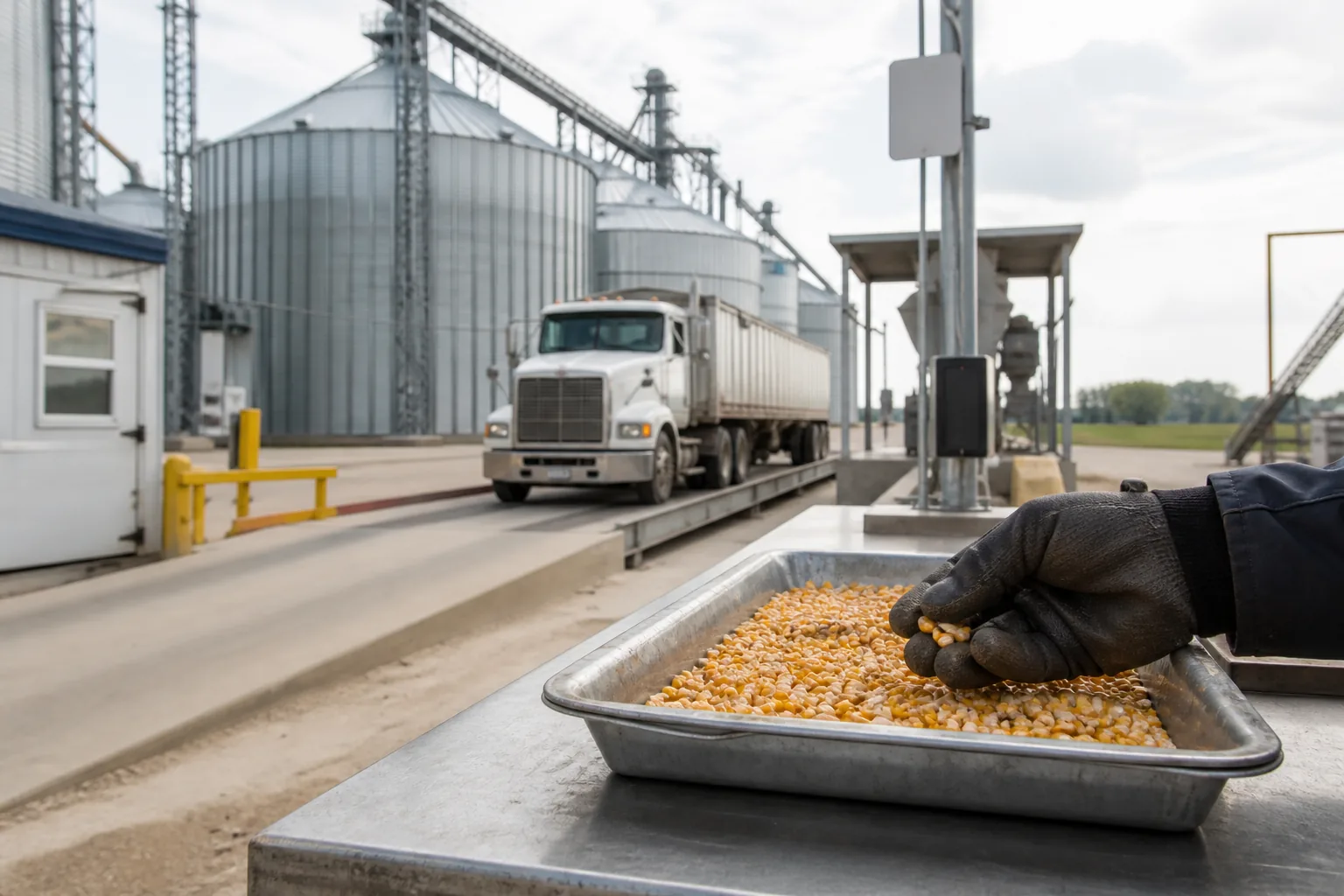 Corn delivery truck at a grain elevator while a representative sample is checked for moisture