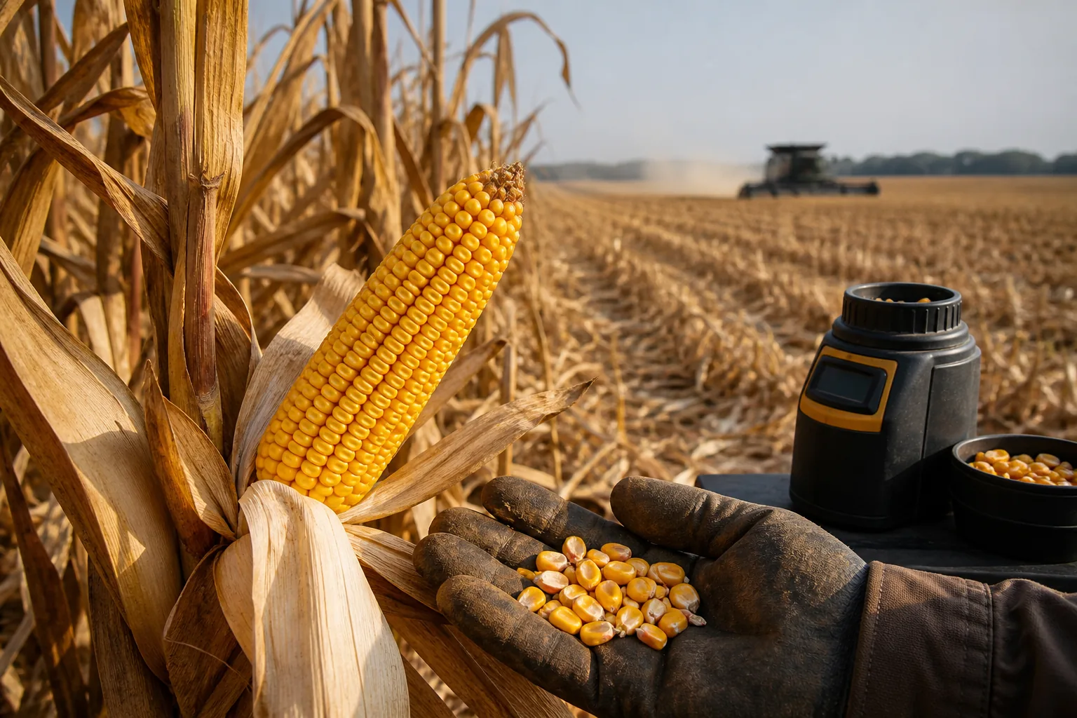 Mature corn ears and shelled kernels being checked for moisture before harvest