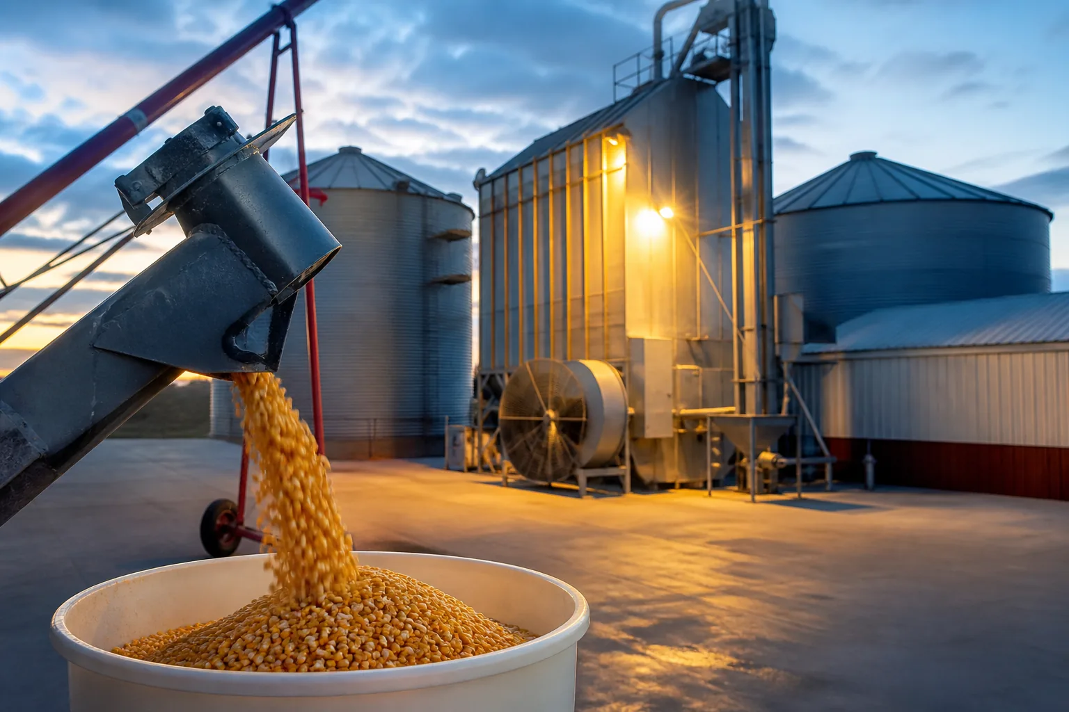 Shelled corn being checked beside an on-farm grain drying system