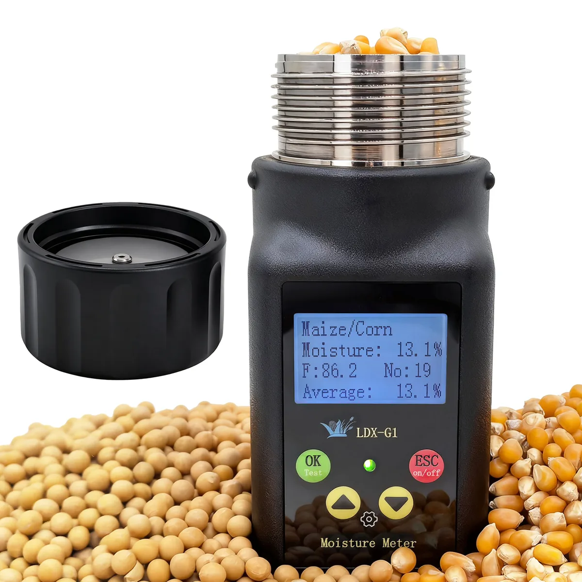 Portable cup-type grain moisture meter with sample cup for corn and soybeans