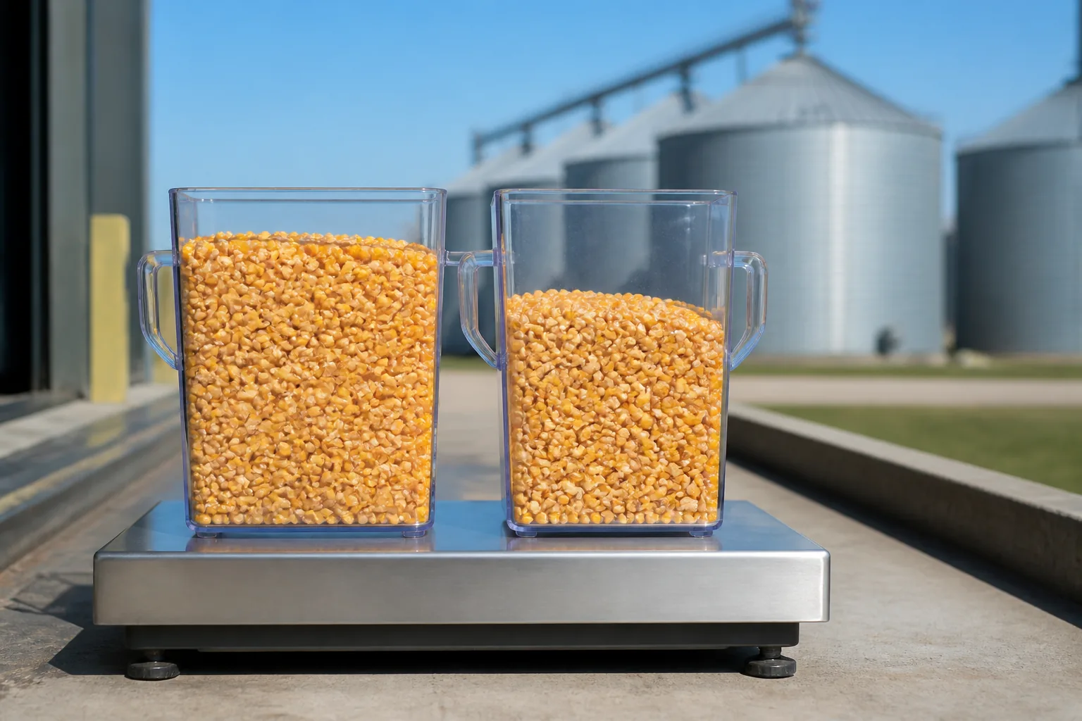 Two corn samples on a scale showing weight and volume change after moisture removal