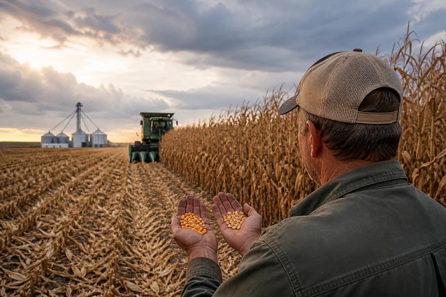 Mature corn standing in a field while harvested kernels are checked for moisture