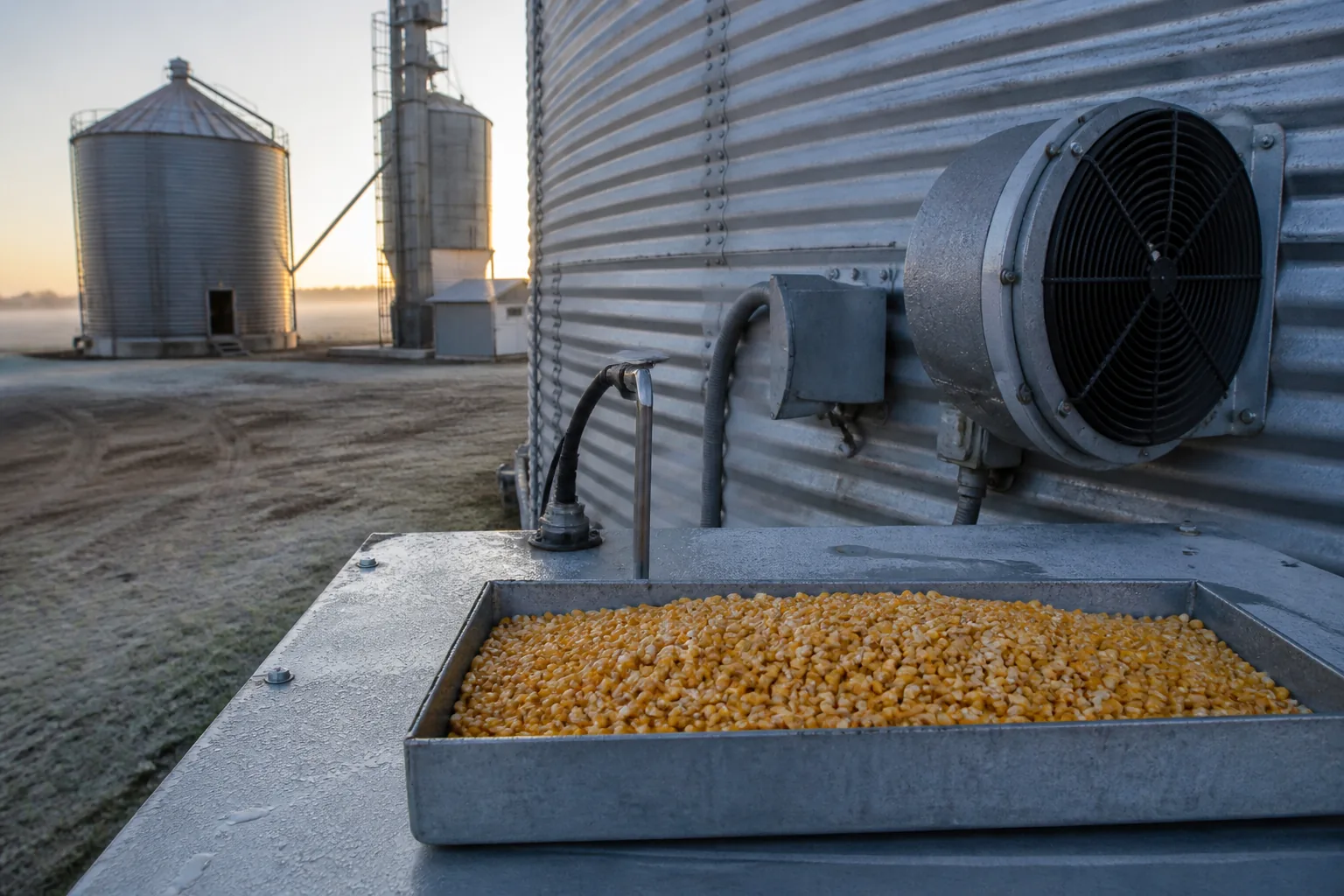 Wet shelled corn being checked beside an aerated holding bin before drying
