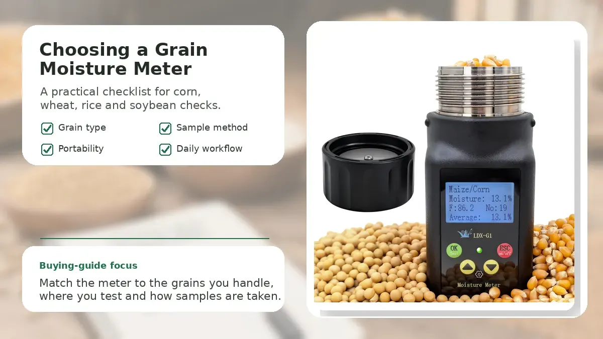 Brolangt cup-type grain moisture meter shown with corn, wheat, rice and soybeans for choosing a meter.