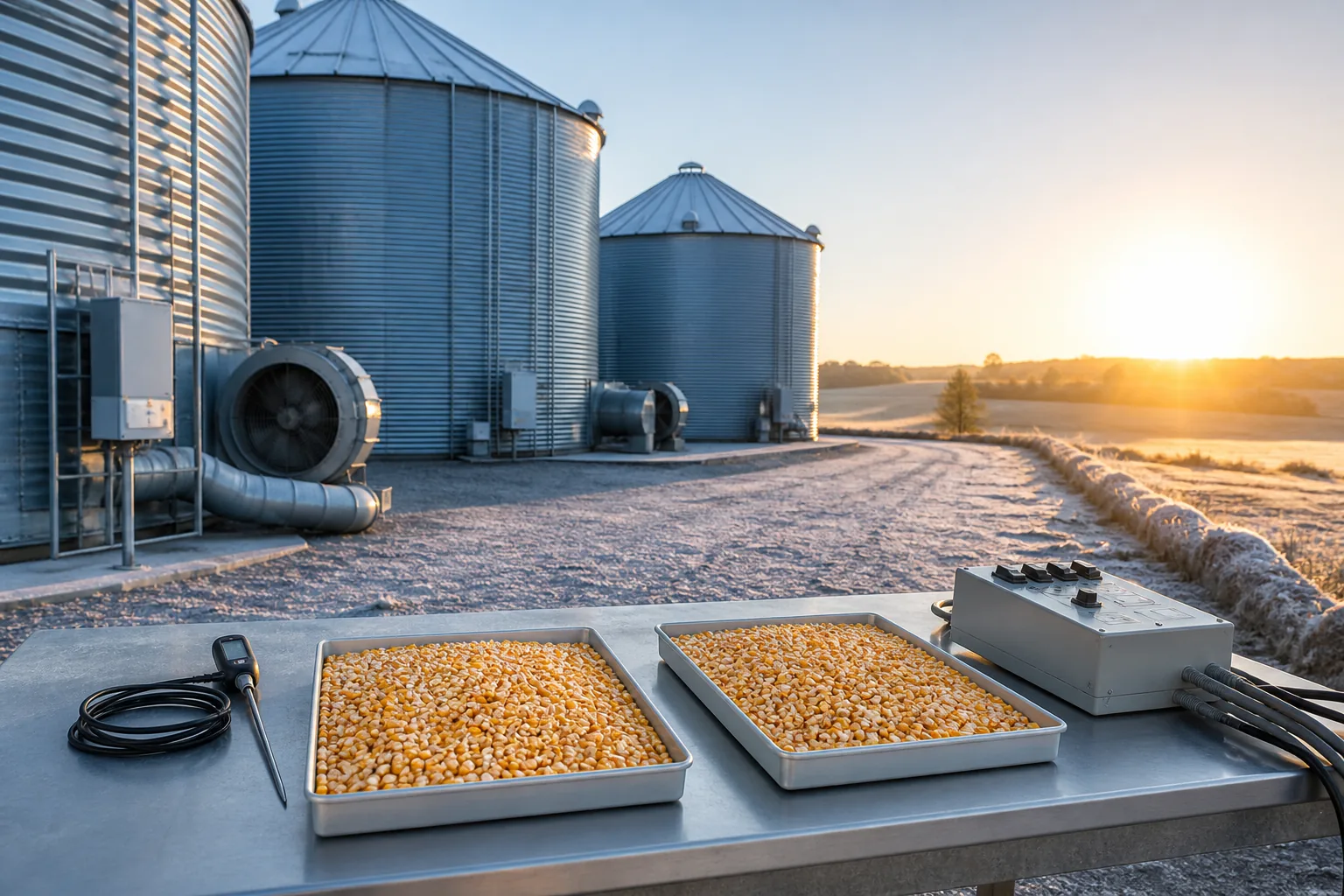 Shelled corn samples beside aerated grain bins prepared for seasonal storage