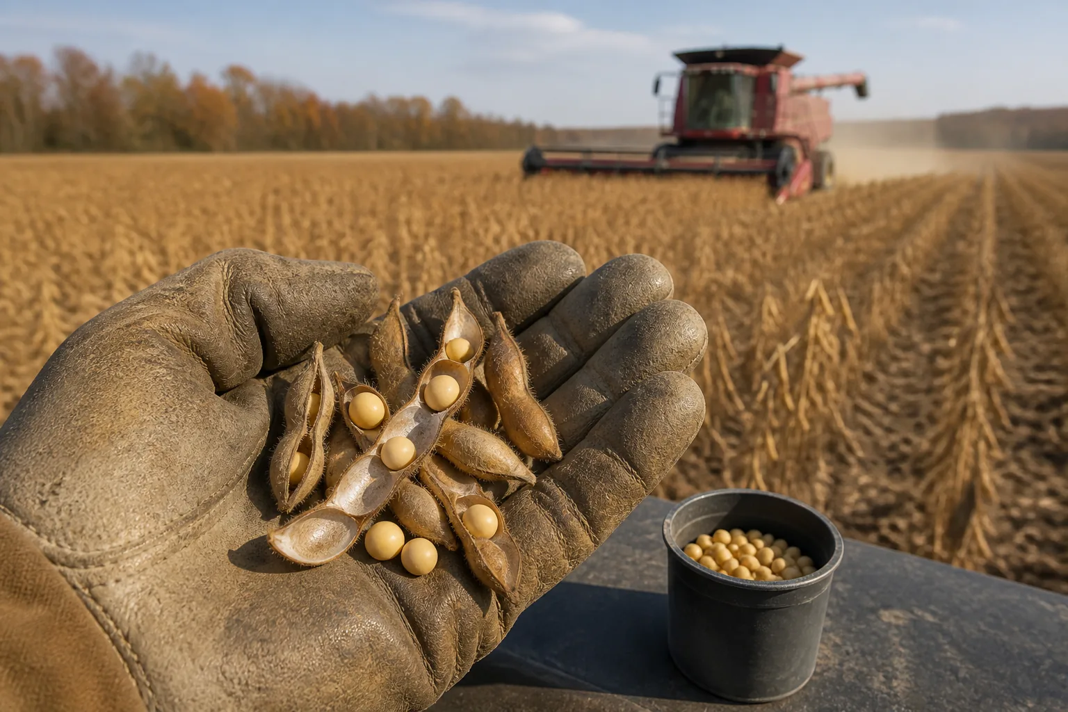 Mature soybeans being harvested while seed moisture and field losses are checked