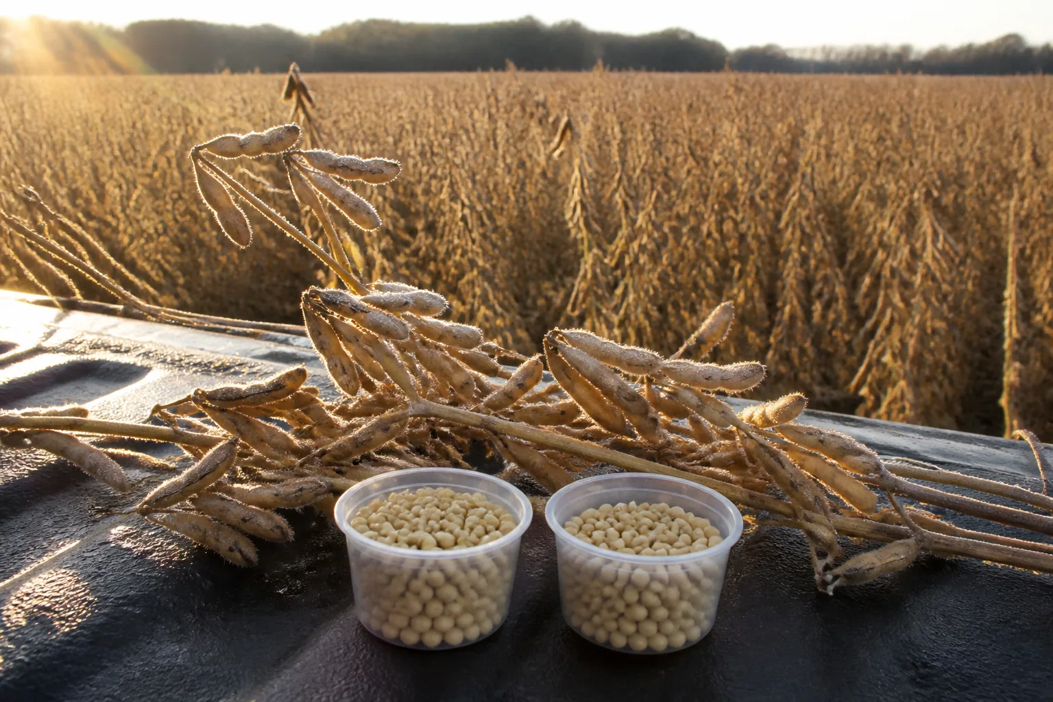 Mature soybean samples checked as dew dries from the field after sunrise