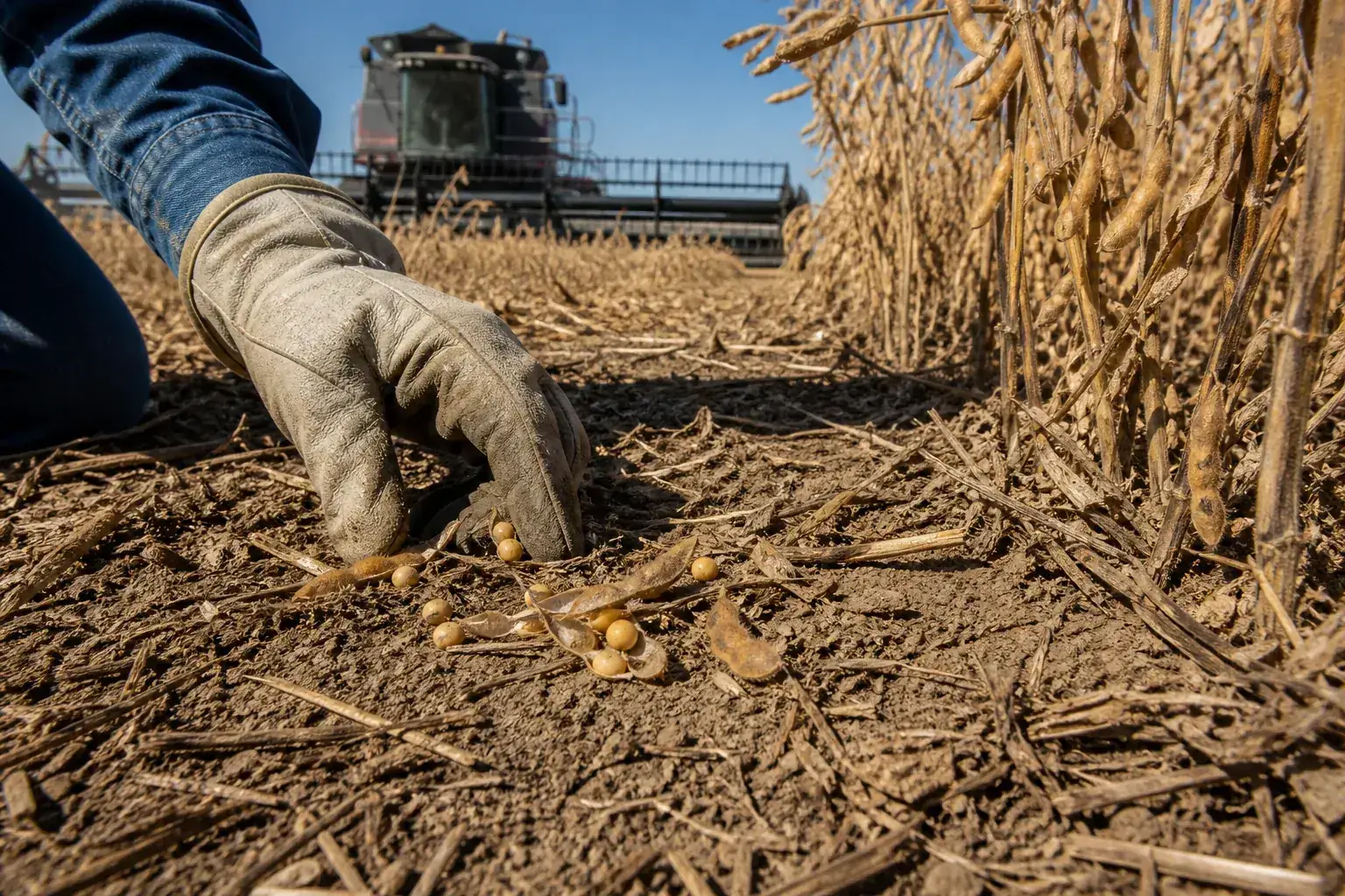 Dry soybeans being checked for moisture and harvest loss beside a combine