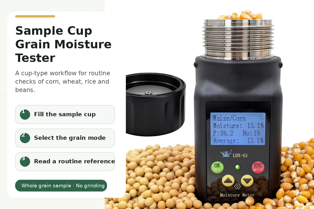 Black cup-type grain moisture meter with corn in the sample cup and soybeans around the base