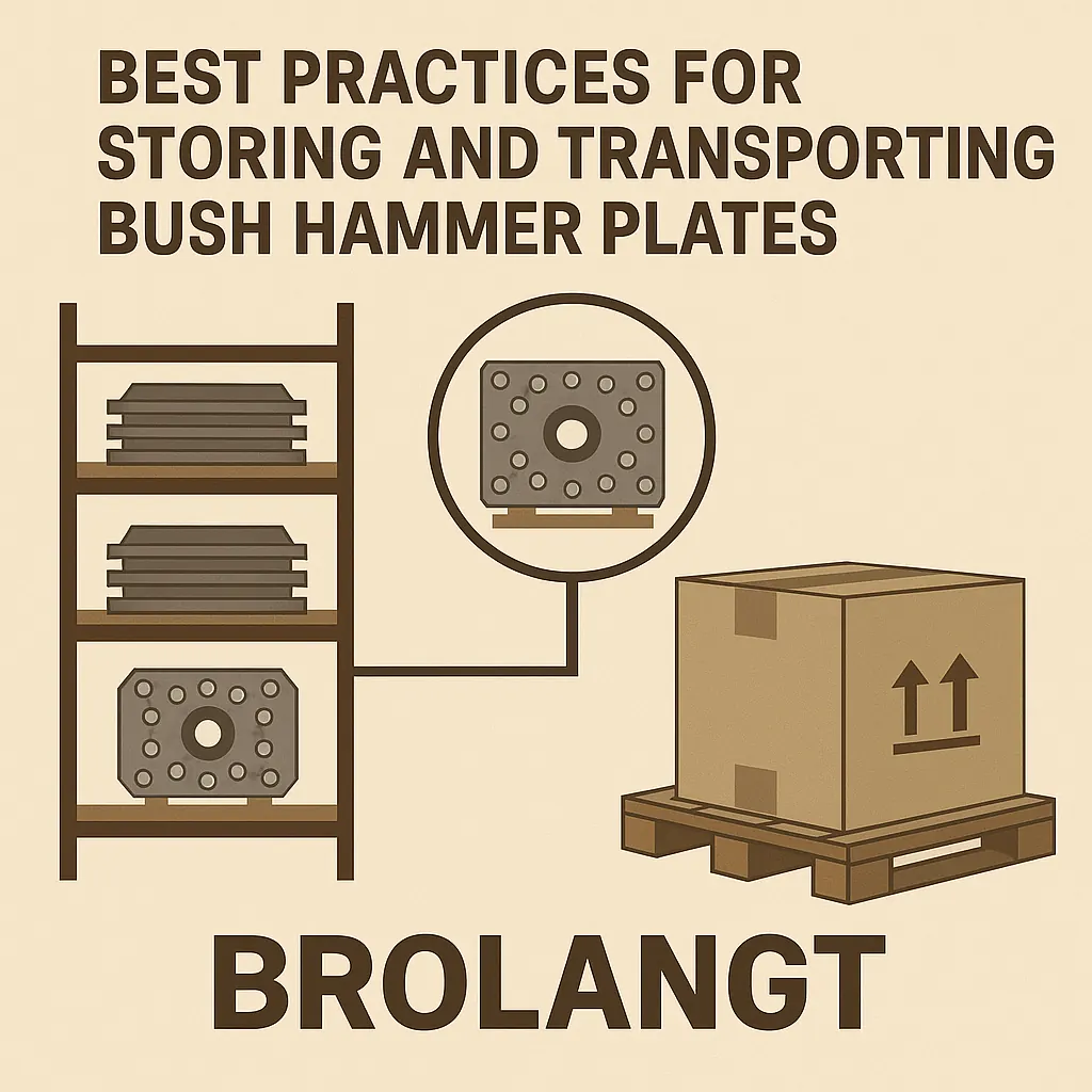 Brolangt blog header illustration showing bush hammer plates safely stored on shelves and transported in crates, highlighting professional tool care practices