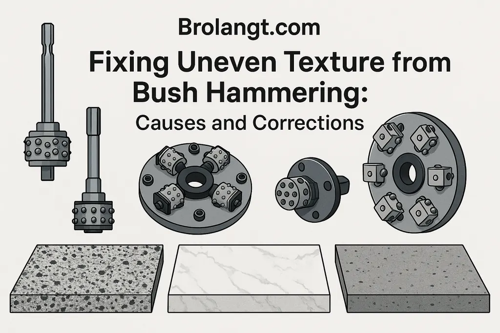 Brolangt blog header image showing bush hammer tools with granite, marble and concrete slabs, featuring title Fixing Uneven Texture from Bush Hammering