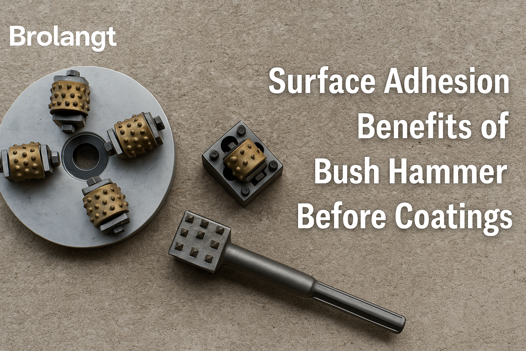 Brolangt blog header image showing bush hammer tools on textured concrete surface with title Surface Adhesion Benefits of Bush Hammer Before Coatings