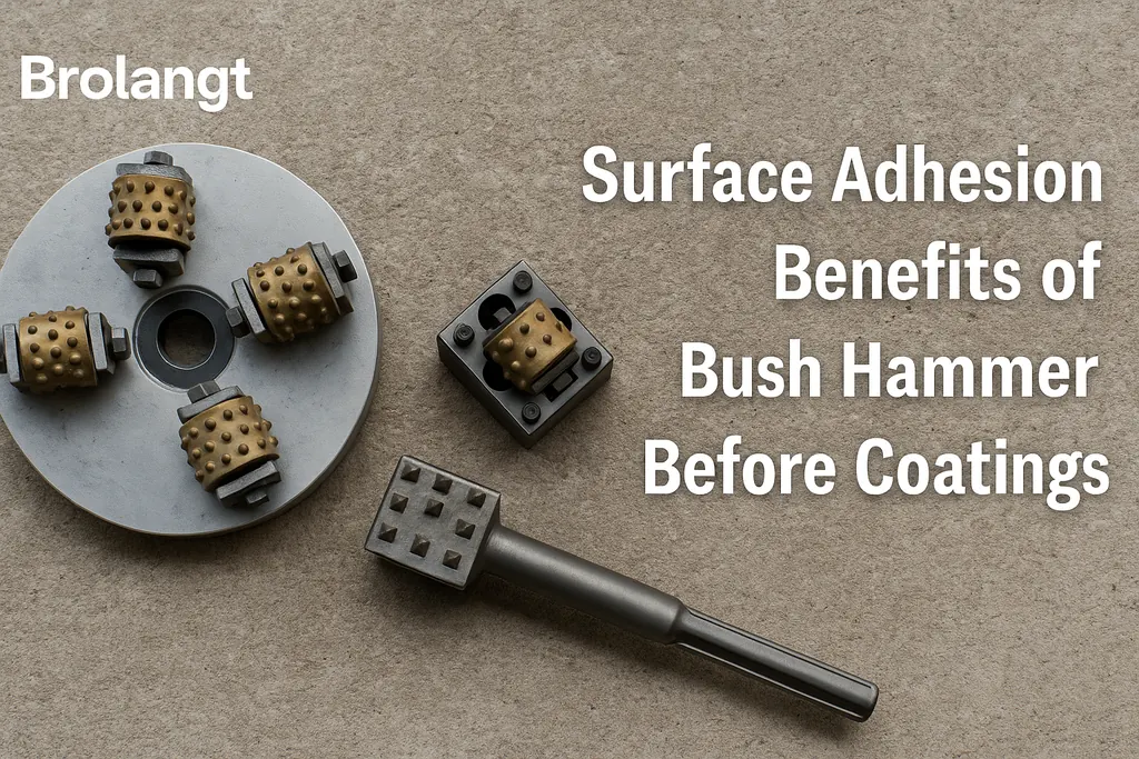 Brolangt blog header image showing bush hammer tools on textured concrete surface with title Surface Adhesion Benefits of Bush Hammer Before Coatings